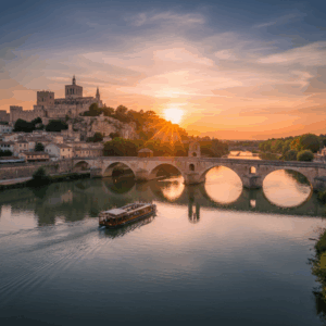 Que faire à Avignon : Le Palais des Papes et le Pont Saint-Bénézet vus du Rhône, sous un soleil couchant pour illustrer les 10 idées incontournables d'un week-end culturel et gourmand.